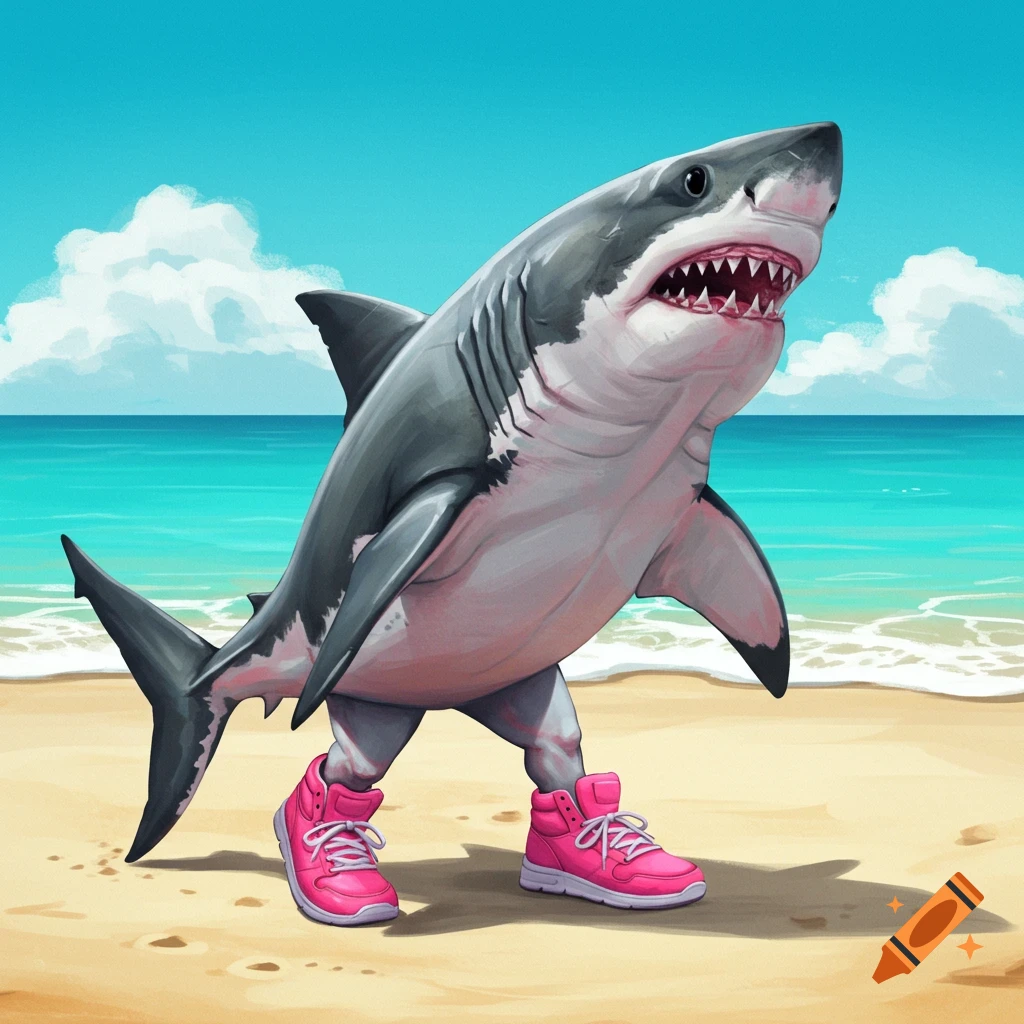 A shark walking upright on a beach wearing pink trainers.