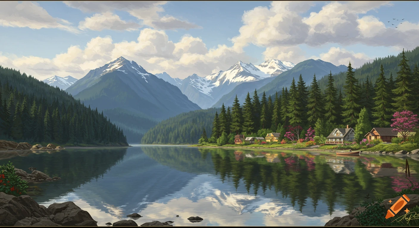 Painting of a mountain lake landscape with trees and houses on the shore.