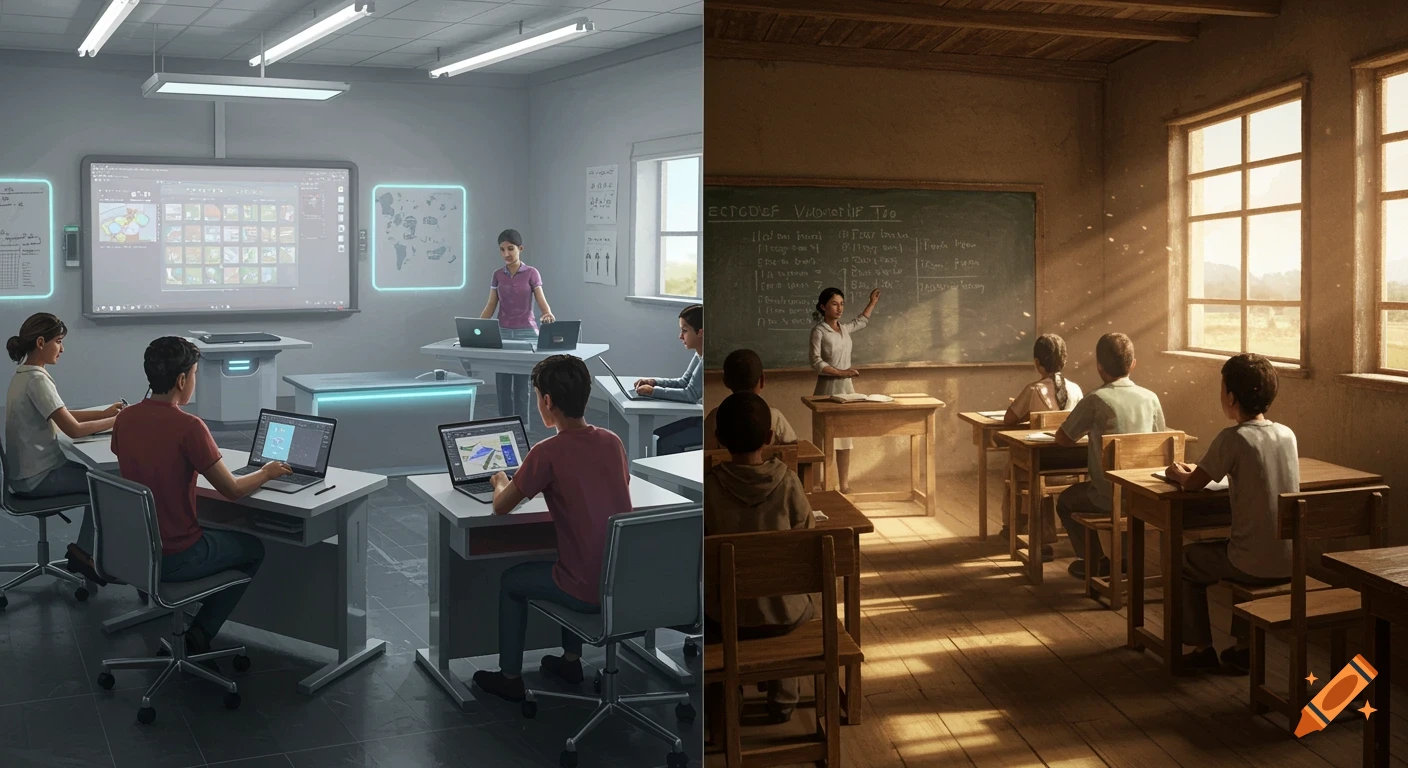 Split image showing a modern classroom on the left and a traditional classroom on the right.