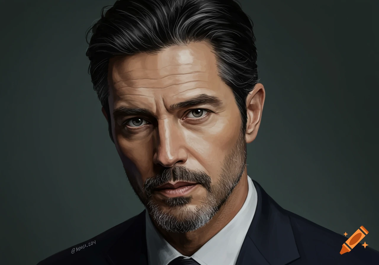 A realistic painting of a handsome man with dark hair and gray temples, wearing a suit.