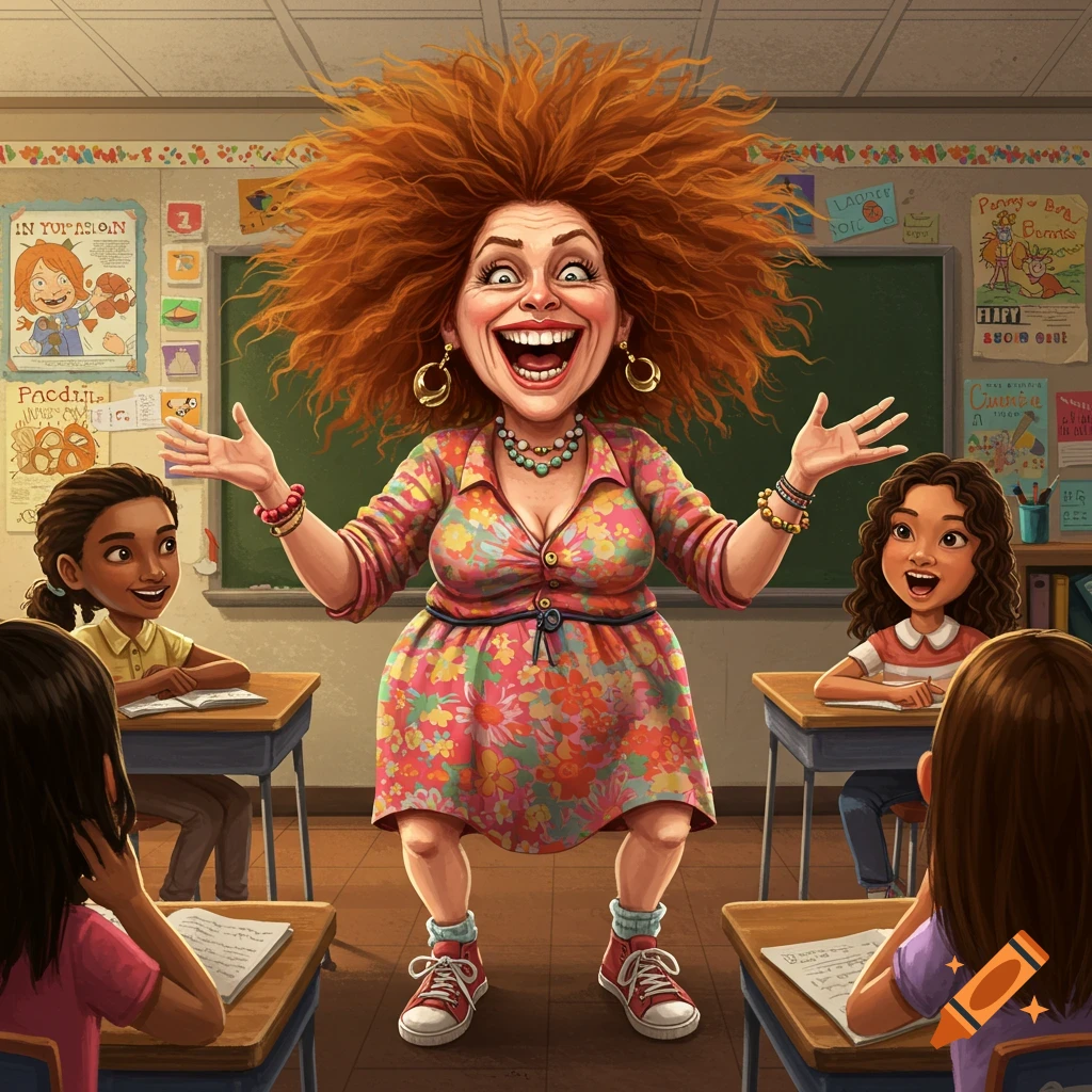 A cartoonish teacher with large red hair enthusiastically teaches students in a classroom.