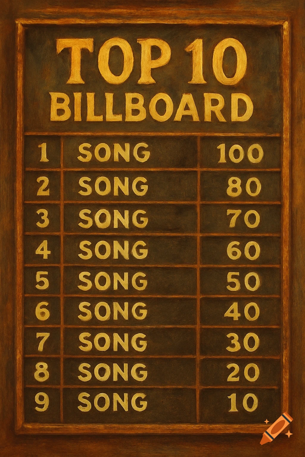 A painted top 10 chart with song entries and scores.