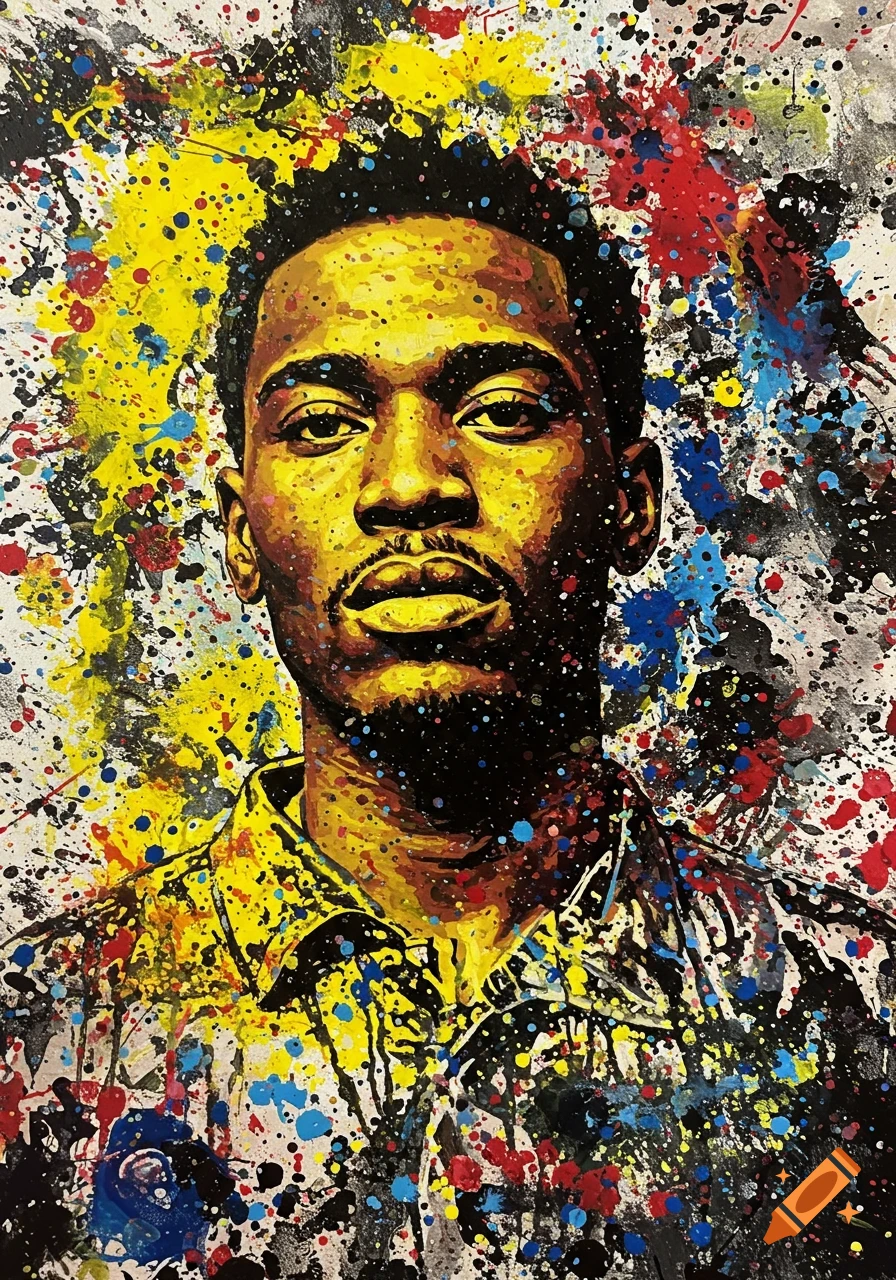 A colorful portrait of a man with paint splatters in the style of Jackson Pollock.