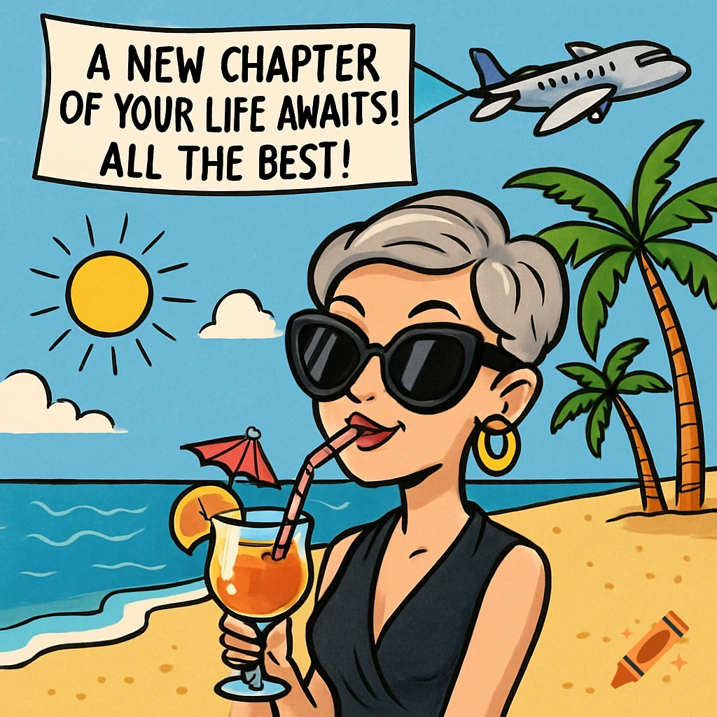 Cartoon drawing of woman on beach with cocktail, airplane banner says 'A new chapter of your life awaits! All the best!'