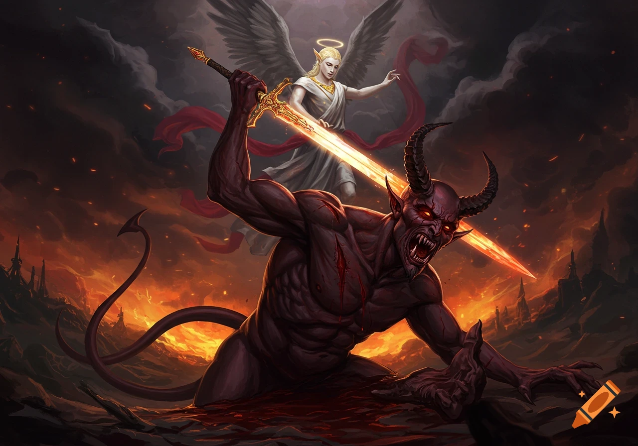 An angel fighting a red devil with a sword in a fiery hellscape.