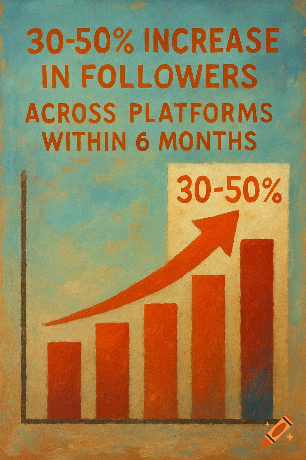 Digital painting of a bar graph showing an upward trend with text 30-50% increase in followers across platforms within 6 months.