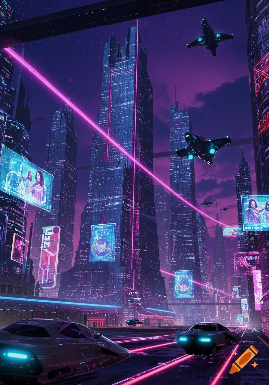 A futuristic city street at night with neon signs, tall skyscrapers, and flying cars.