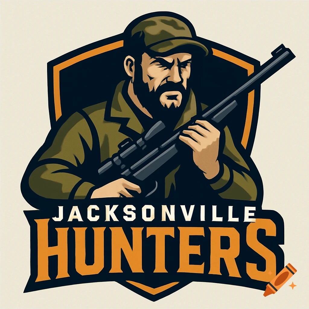 Logo of a hunter figure with a rifle in a shield, with text 'Jacksonville Hunters'.
