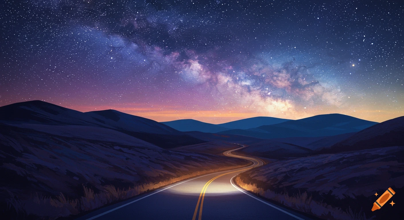 A winding road through hills under a starry night sky with the Milky Way.