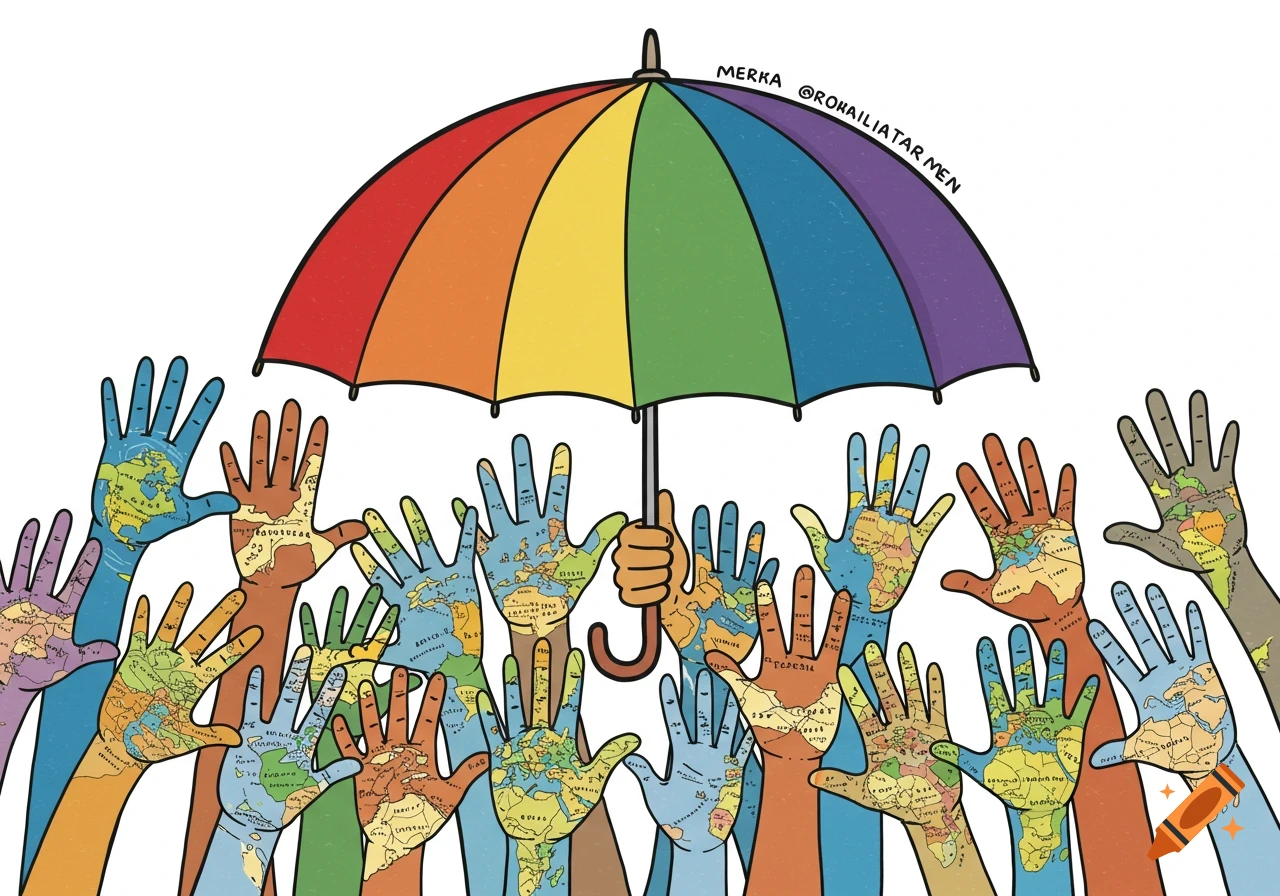Cartoon illustration of many hands with world maps on them reaching up under a rainbow umbrella.