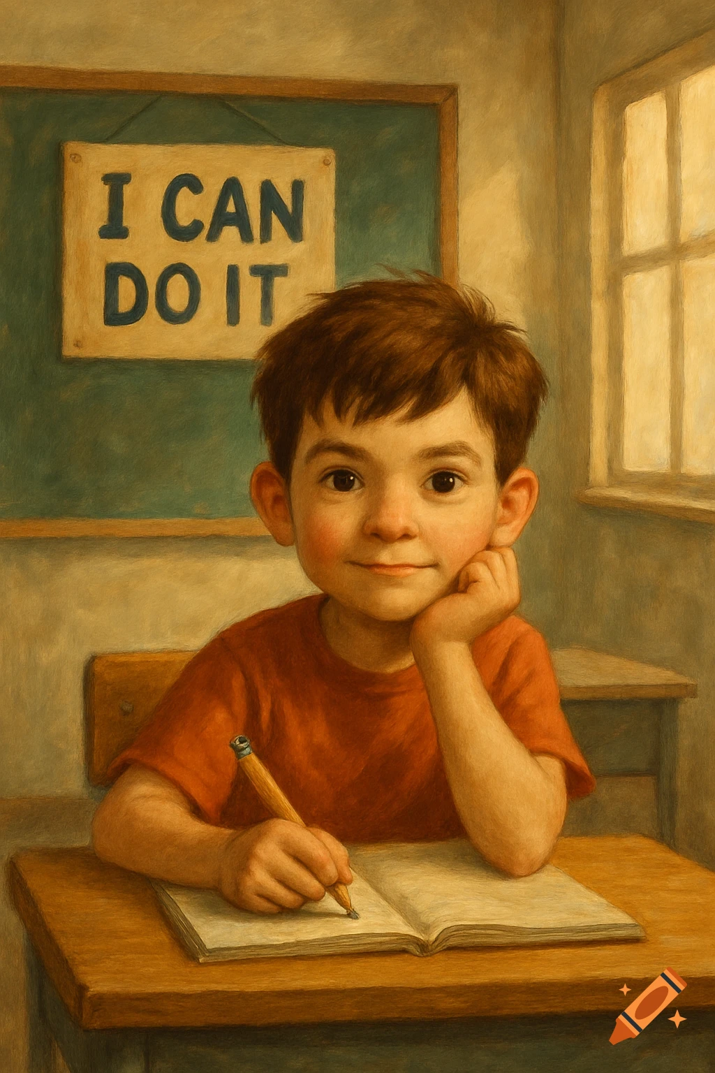 A boy in a classroom is writing at a desk, with a sign that says 'I CAN DO IT'.