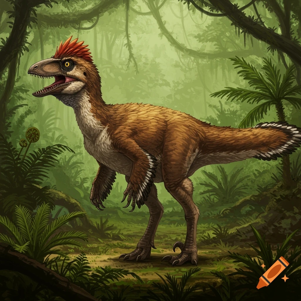 A feathered dinosaur, Yutyrannus, standing in a lush jungle.