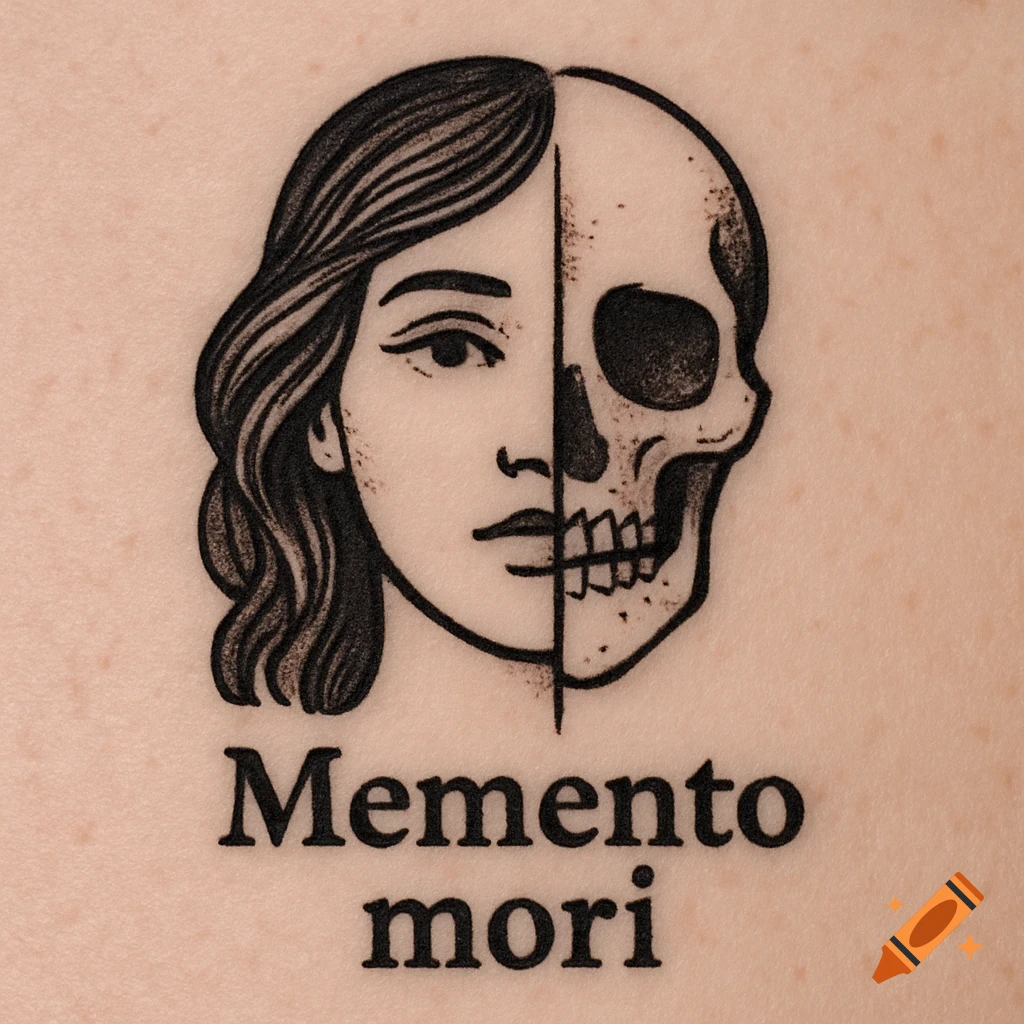 Stylized tattoo design of a face split with a skull, with the text 'Memento mori'