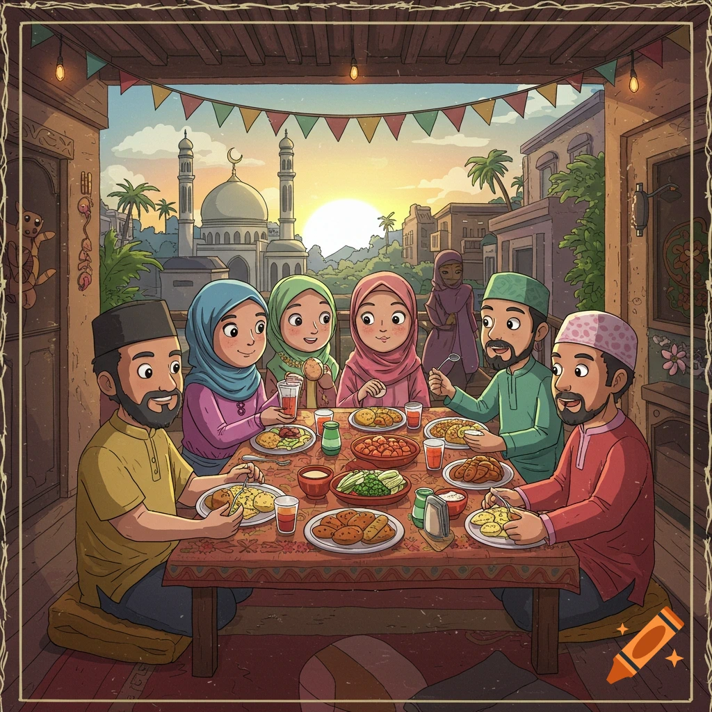 A cartoon Muslim family eats a meal outdoors during sunset with a mosque in the background.