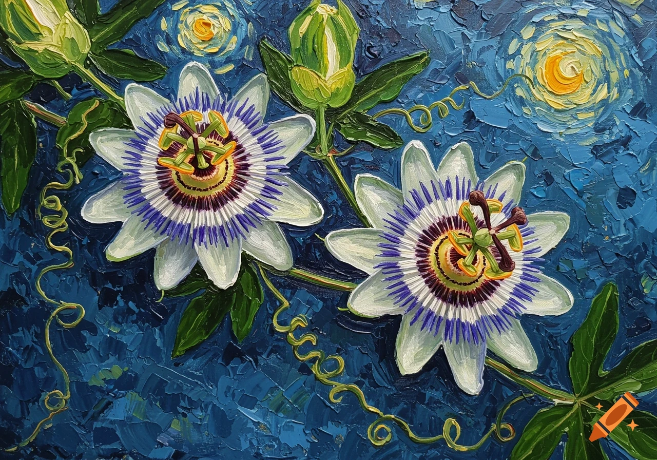 Two passionflowers on a vine against a swirling blue background, in the style of Vincent van Gogh.