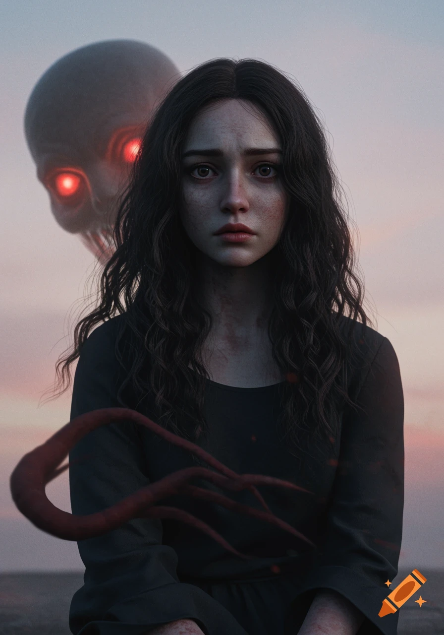 A young woman with a distressed expression and dark hair sits with a glowing-eyed monster silhouette behind her.