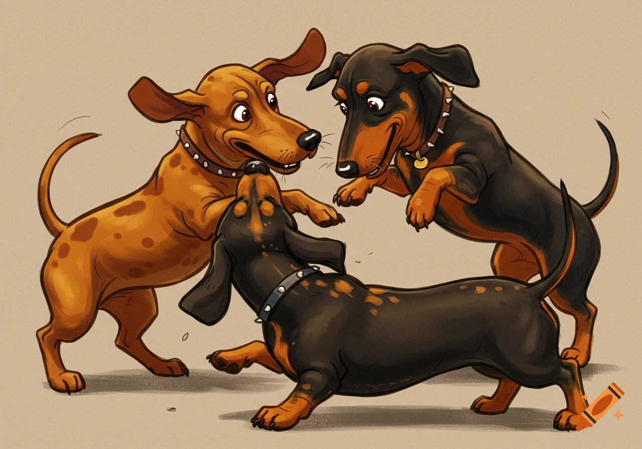 Three cartoon dachshunds playing
