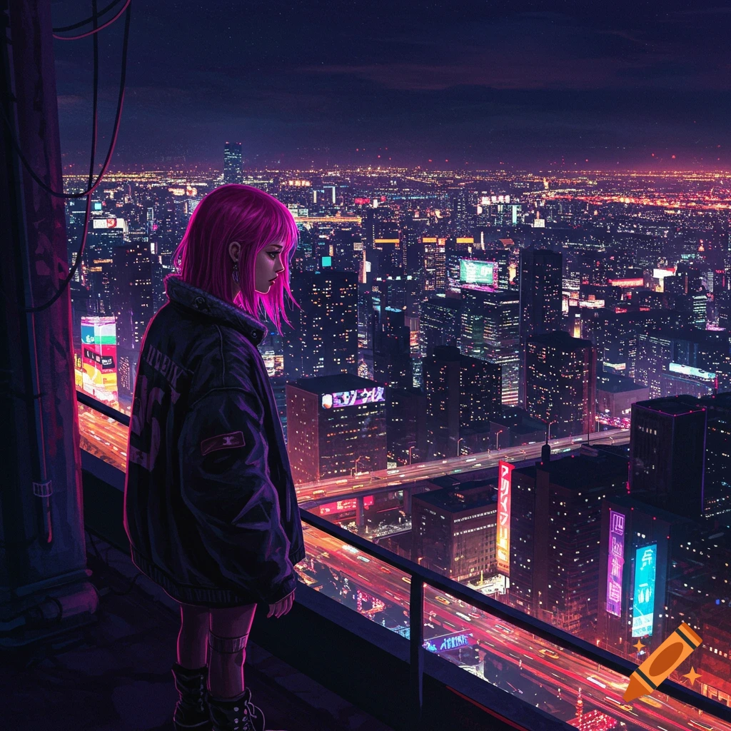 A girl with pink hair stands on a rooftop overlooking a vibrant, neon-lit city at night.