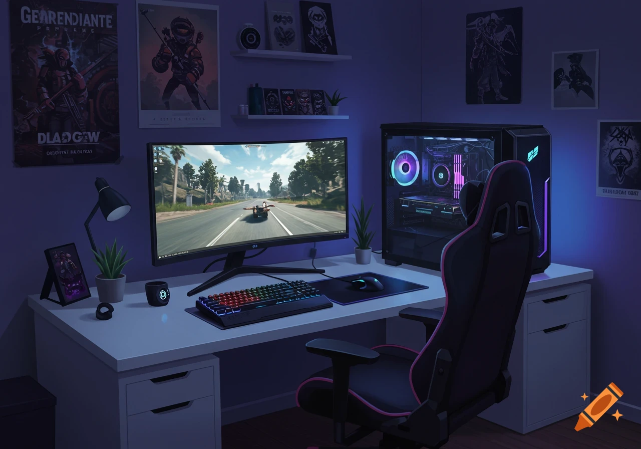 A gaming setup featuring a PC, monitor displaying a game, illuminated keyboard, and gaming chair in a dimly lit room.