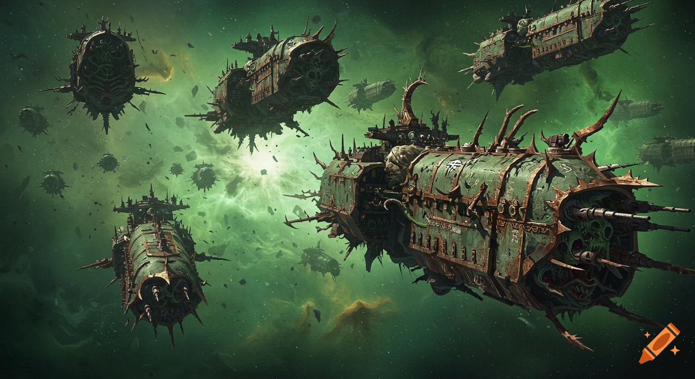 Decayed, spiked spaceships fly through a green nebula in space.