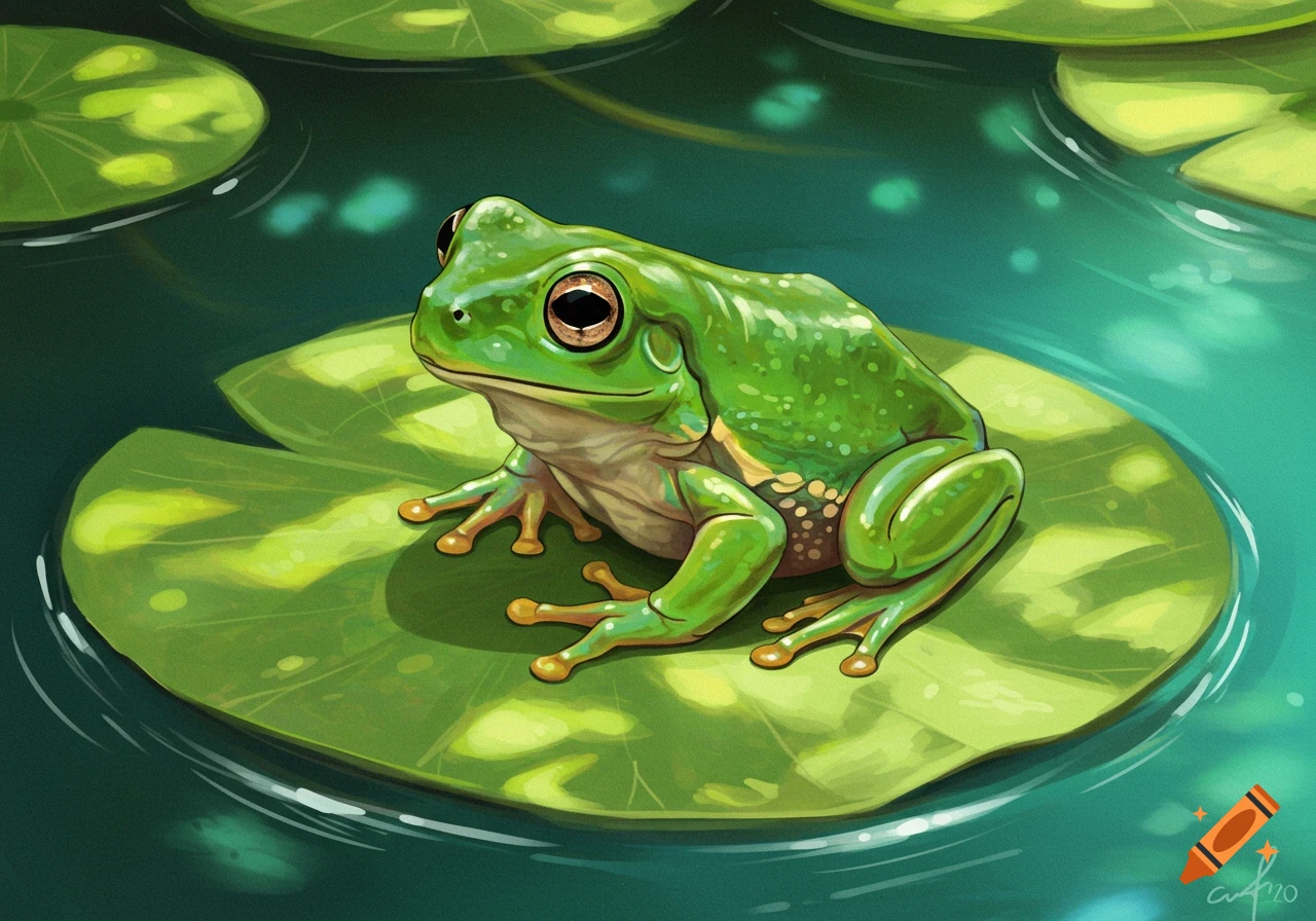 An illustration of a green frog sitting on a lily pad in a pond.
