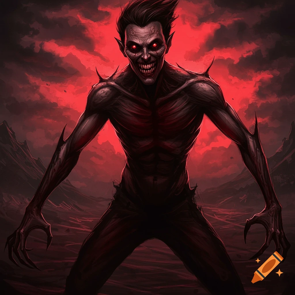 A gaunt, monstrous figure with sharp teeth and glowing red eyes stands in a barren landscape under a red sky.