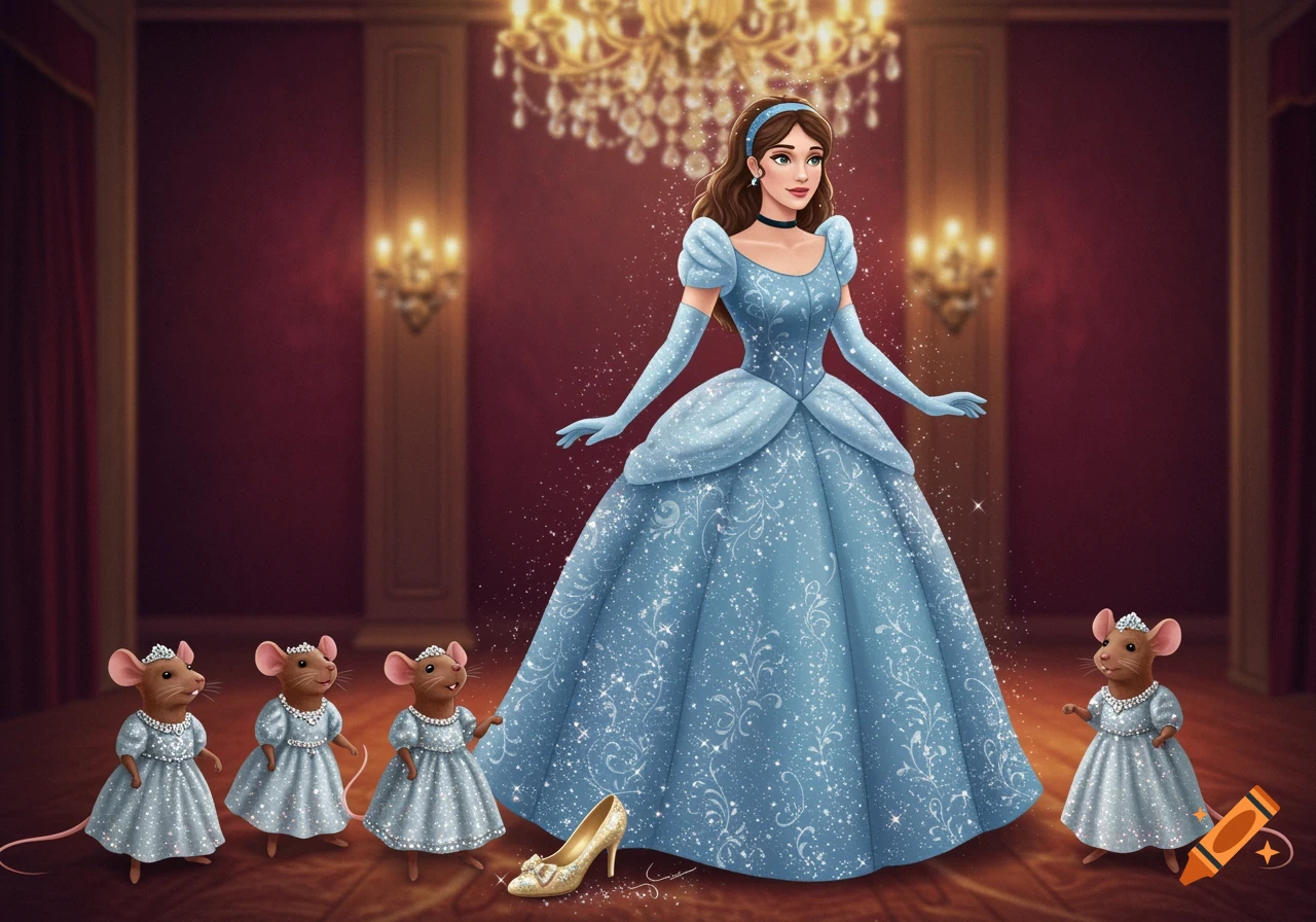 Cinderella in a blue gown standing in a ballroom with four mice in dresses.