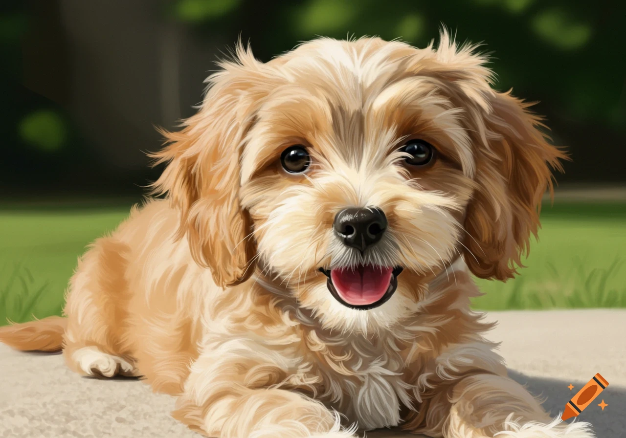 A fluffy golden and white cavapoo puppy smiles while lying outside. Digital painting.