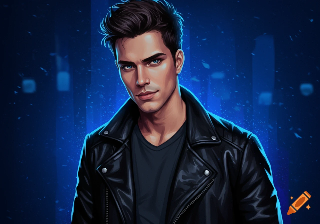 A man with blue eyes in a leather jacket against a blue background.