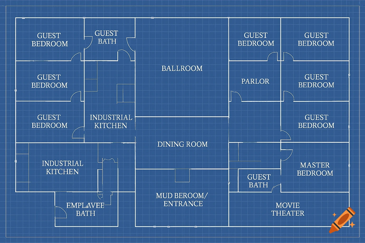 Blueprint floor plan of a large estate with rooms like bedrooms, baths, ballroom, kitchen, and theater