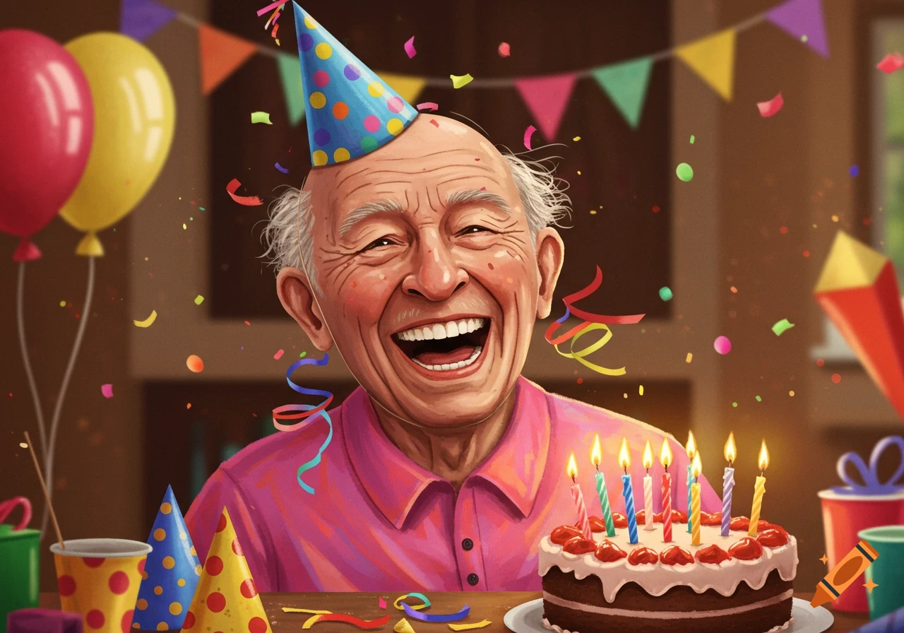 Happy old man in a party hat laughing at his birthday party with cake, balloons, and confetti.