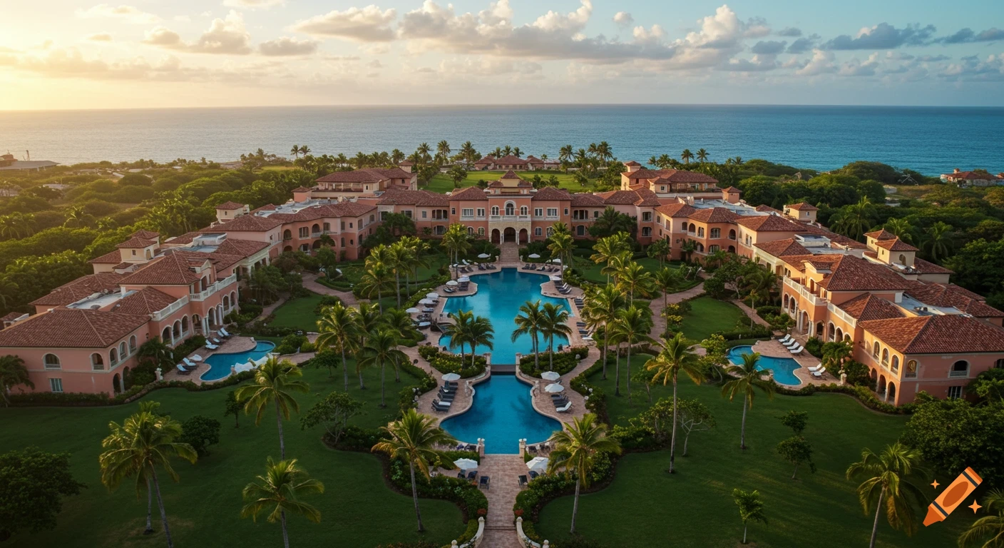 Aerial view of a massive resort with large pools and palm trees next to the ocean at sunset.