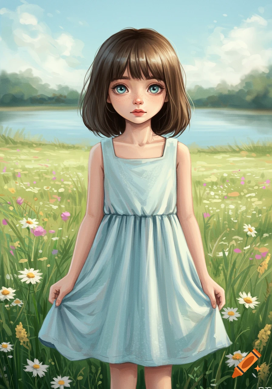 Illustration of a girl in a blue dress standing in a field of flowers by a lake.