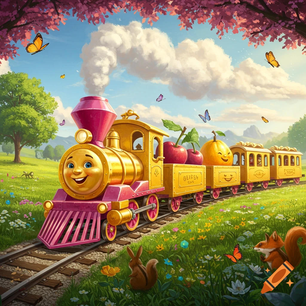A cartoon train with a smiling face carries fruit with faces through a sunny meadow filled with animals and butterflies.