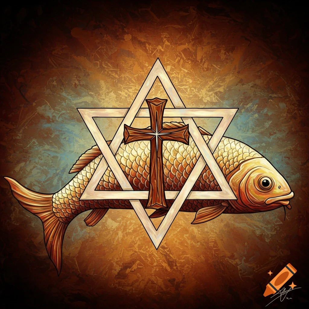 A fish combined with a Star of David and a cross.