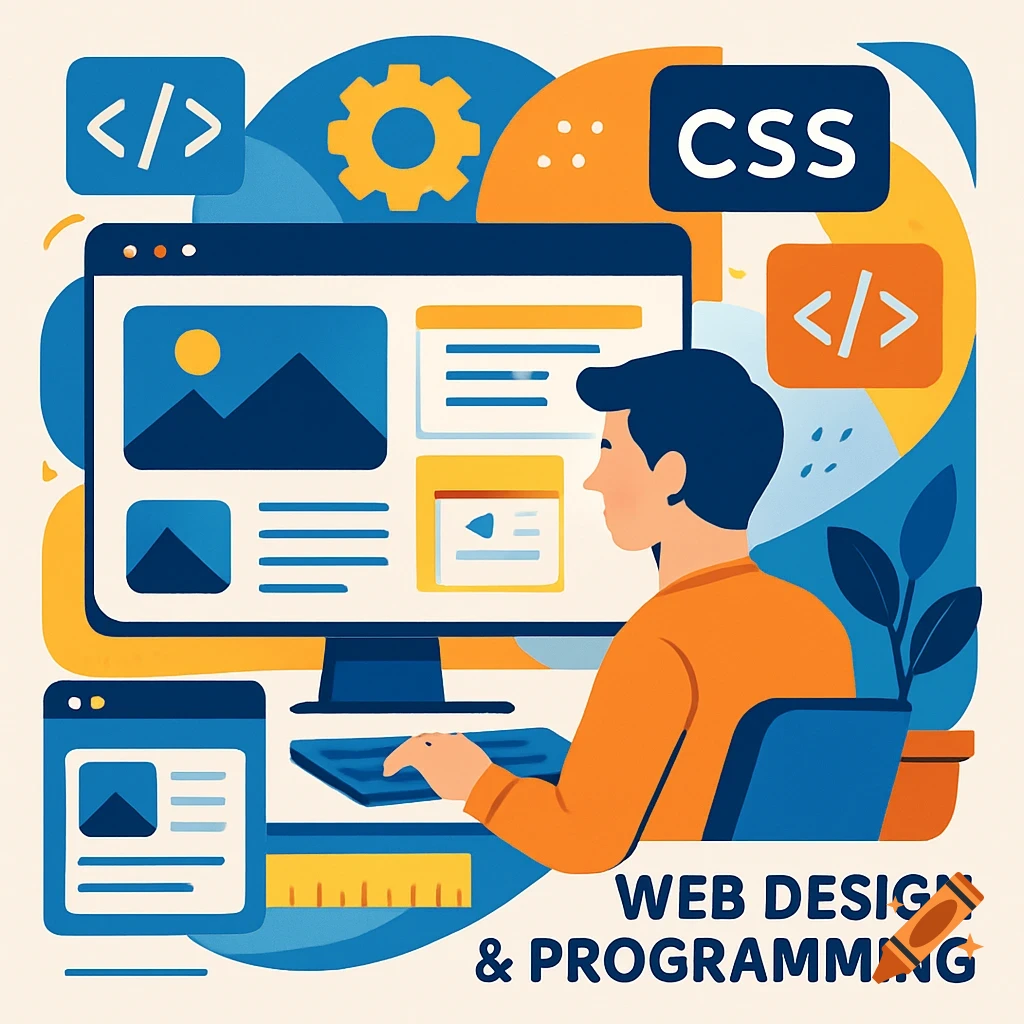 Stylized vector illustration of a person working on a computer, with icons for coding and text reading CSS and WEB DESIGN & PROGRAMMING.