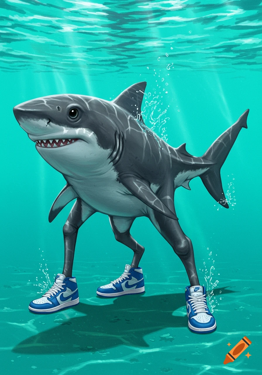 A great white shark with human-like legs stands on the ocean floor wearing blue and white high-top sneakers. Sunlight filters down.