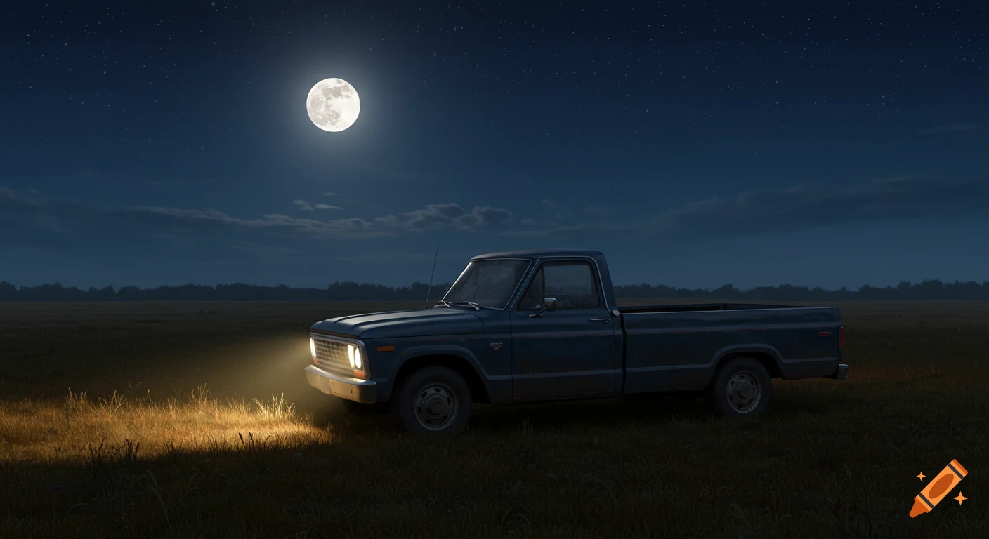 A blue pickup truck parked in a field at night under a full moon with headlights on.