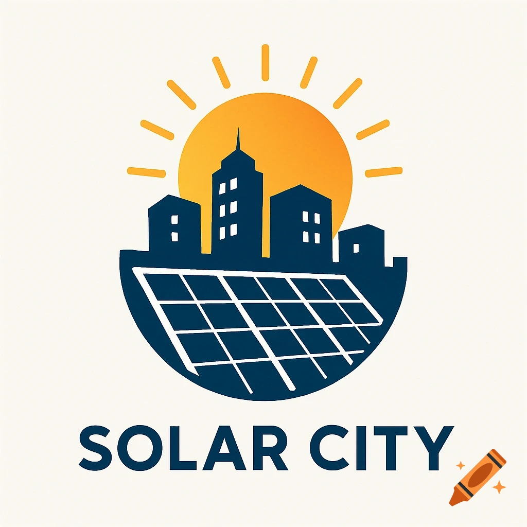 A graphic logo for Solar City showing a sun, buildings, and solar panel array.