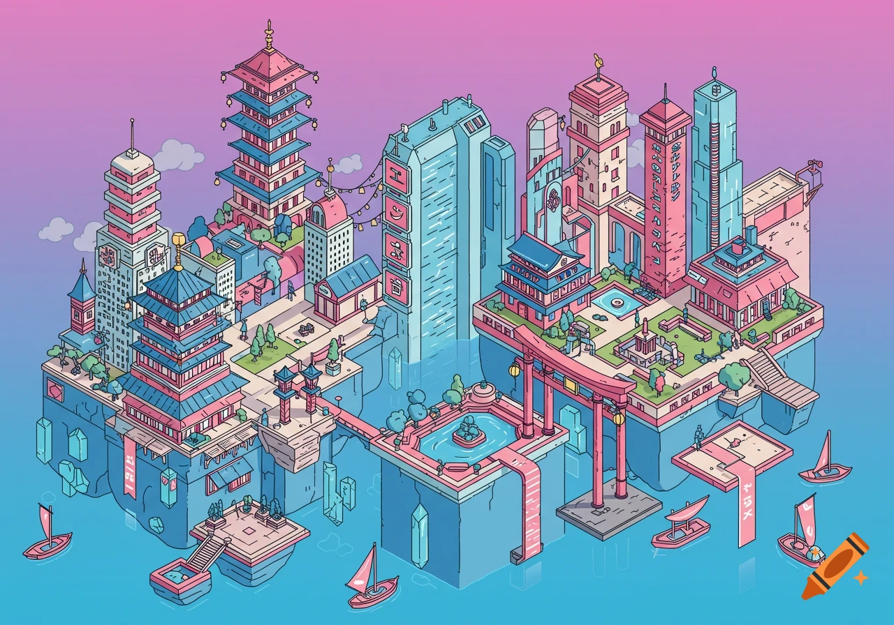 Isometric illustration of a floating East Asian fantasy city with pagodas, skyscrapers, and boats.