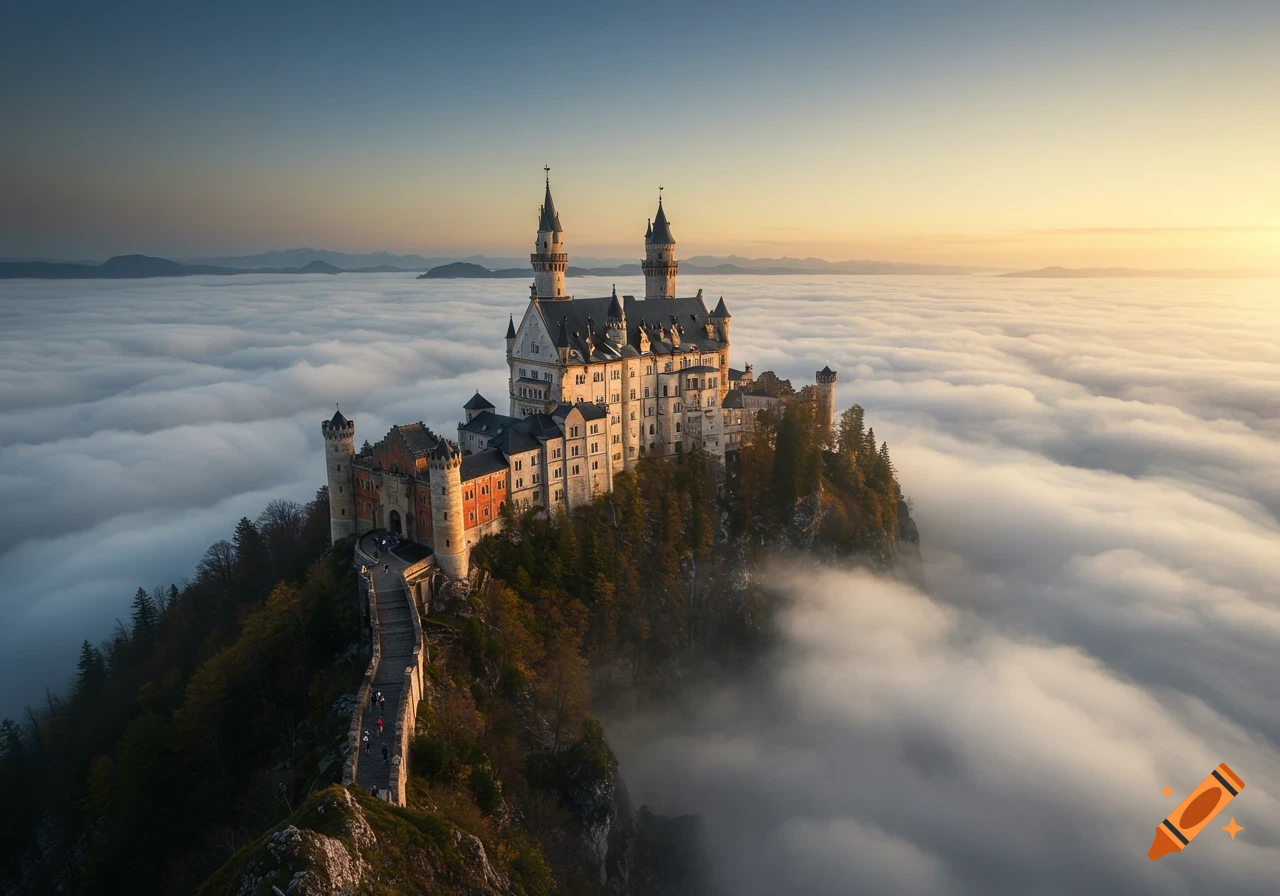 A majestic castle sits atop a mountain peak engulfed in a sea of clouds at sunset.