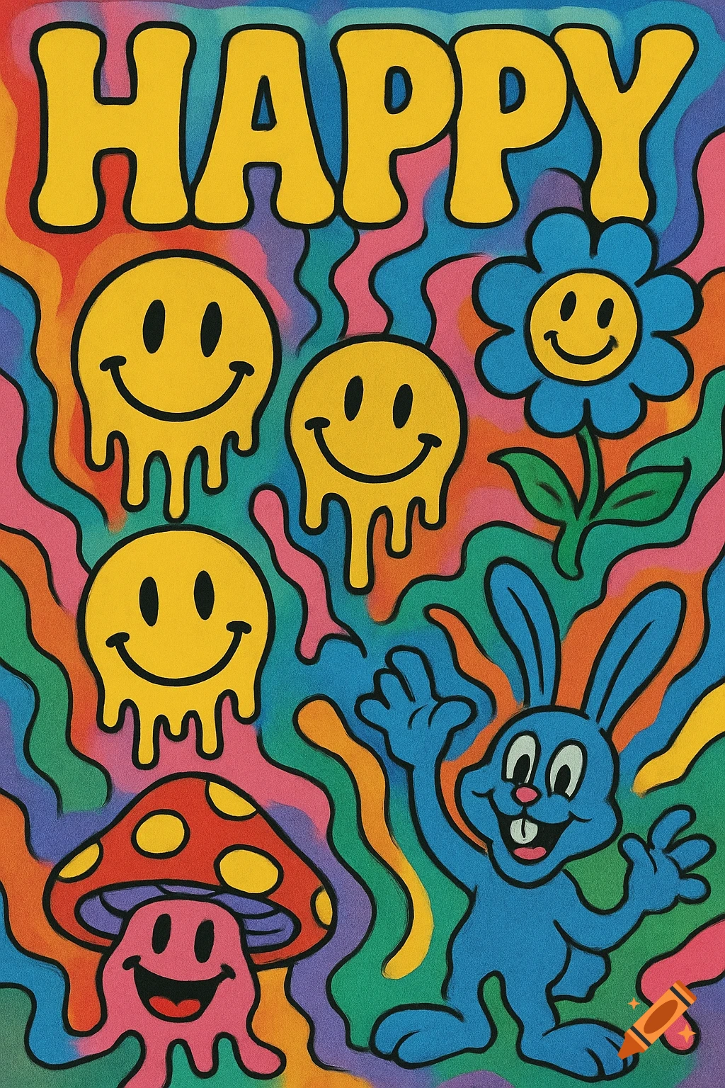 Illustration of the word HAPPY above melting smiley faces, a bunny, mushroom, and flower in a colorful psychedelic style.