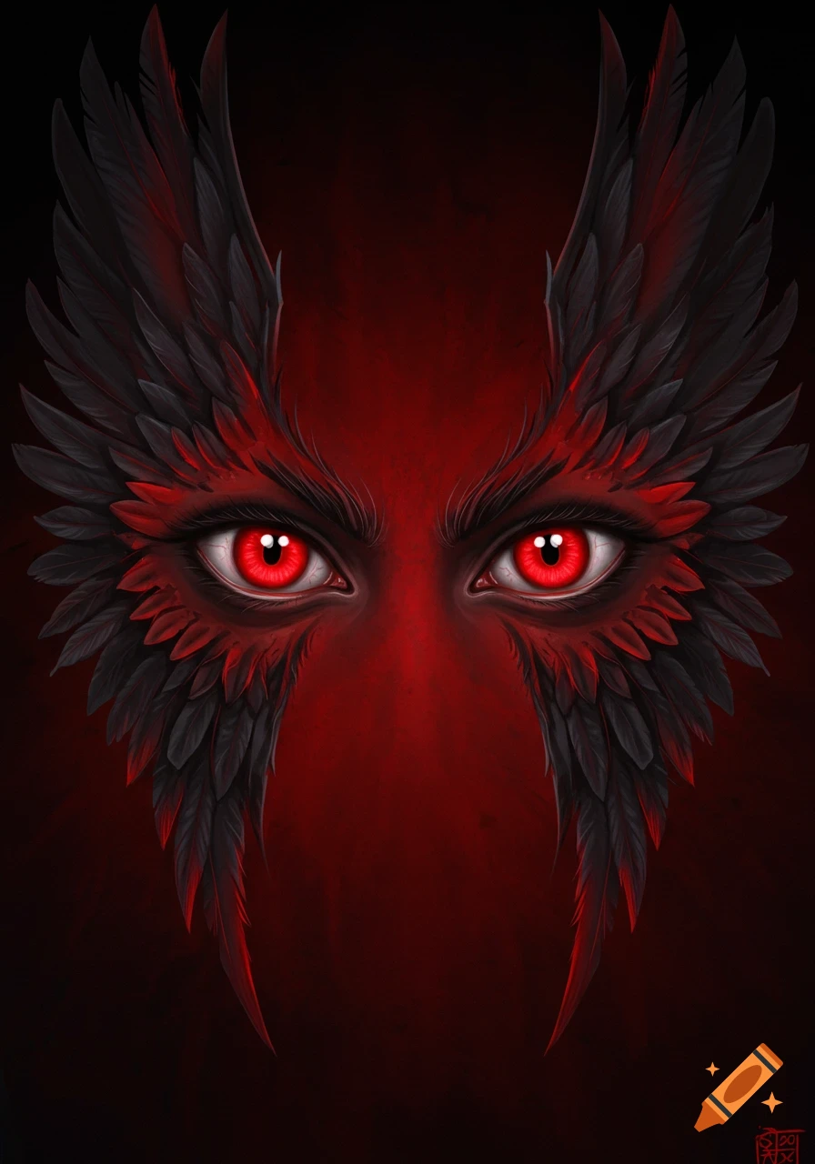 Intense red eyes framed by black feathers against a red background.