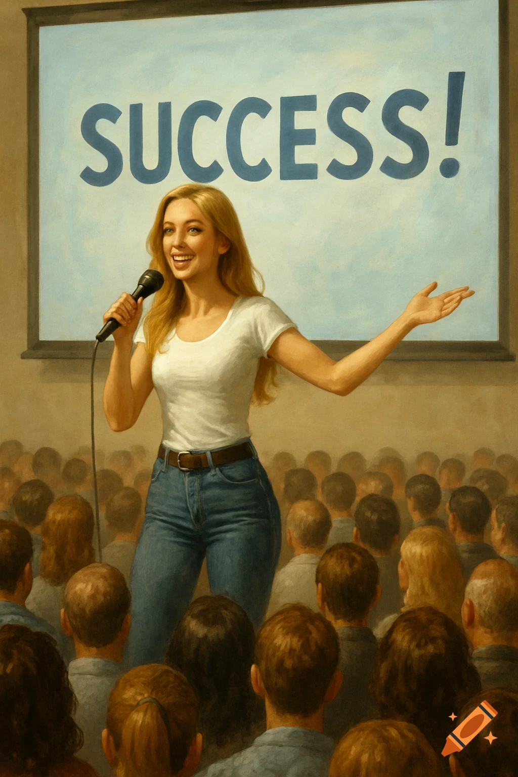 Woman gives a motivational speech to a crowd with 'SUCCESS!' on a screen