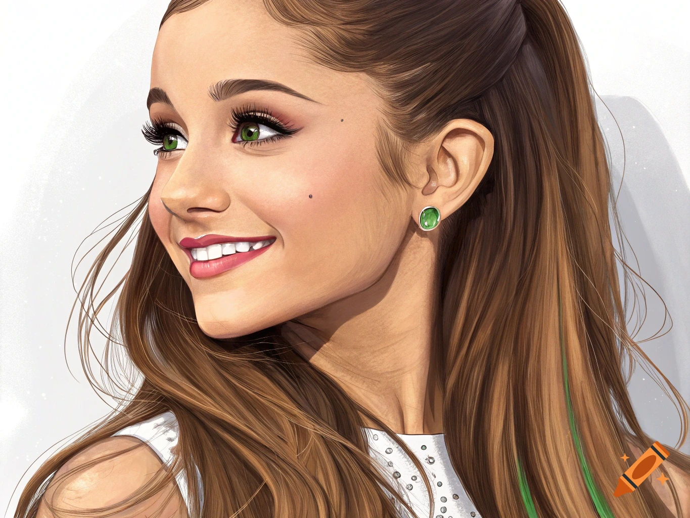 Illustration of a woman with long brown hair and green eyes, smiling.