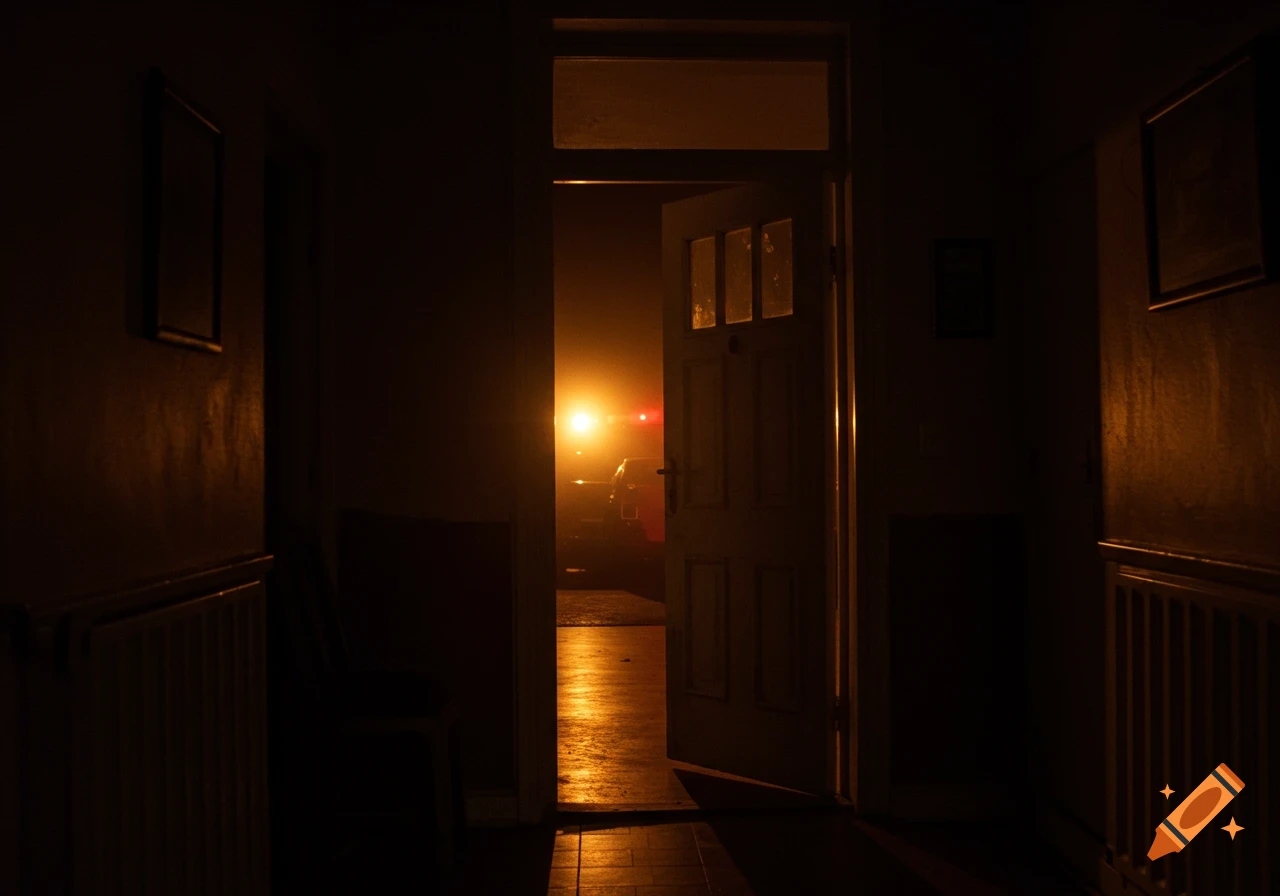 Dark hallway with open door, police lights visible outside, dramatic shadows, photo