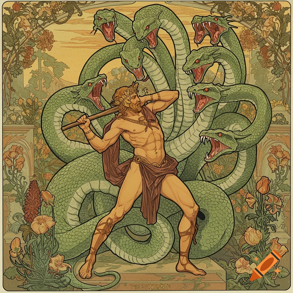 Hercules fighting the multi-headed Hydra in an Art Nouveau style.