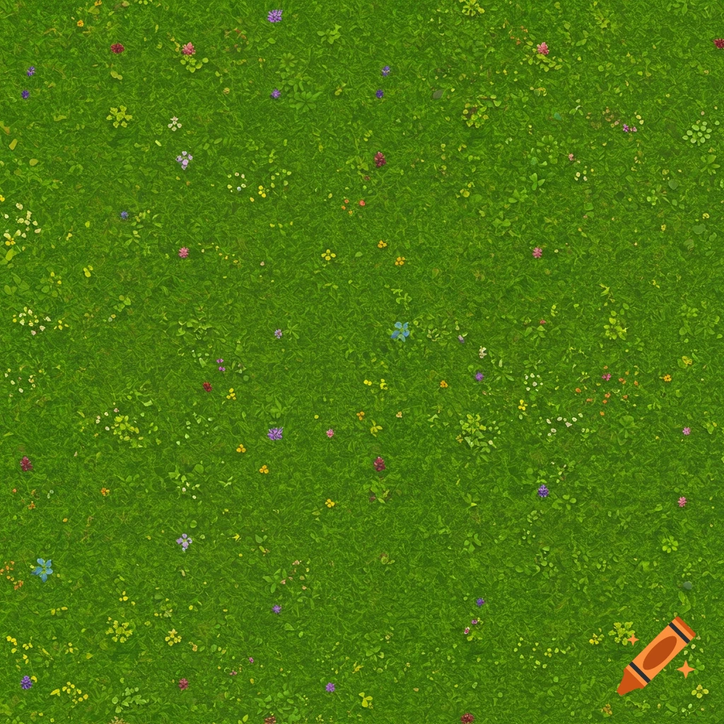 Seamless top-down texture of green grass with scattered colorful wildflowers.