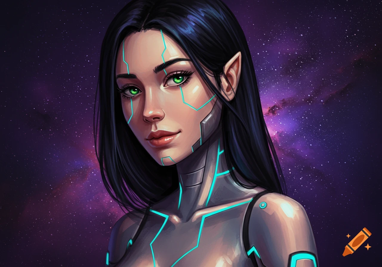 A female cyborg with glowing green eyes is depicted against a starry space background.