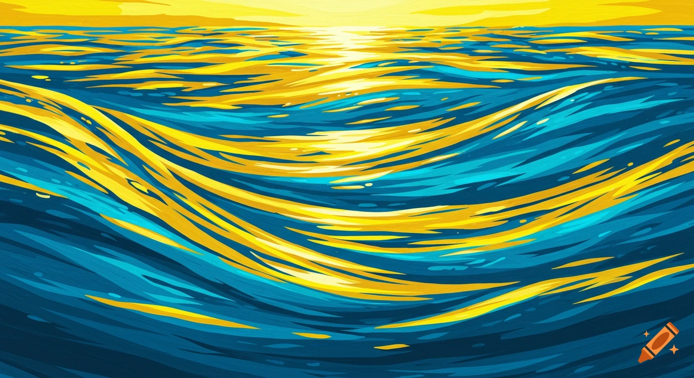 Stylized blue and yellow ocean waves under a bright yellow sky.